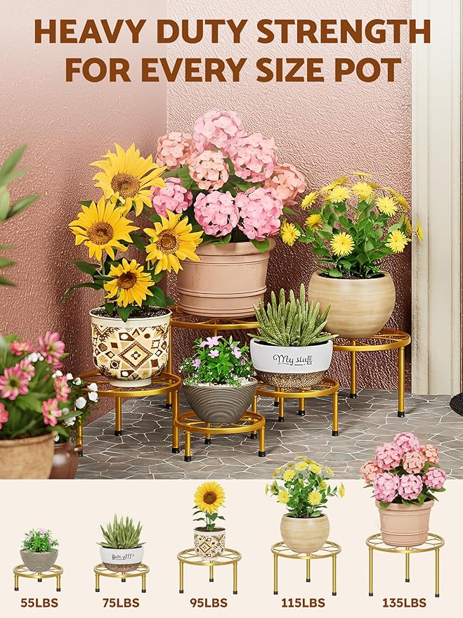 5-piece set of Metal Plant Potted Flower Racks,Heavy-Duty Flower Pot Plant Racks,Anti-Rust Iron Flower Racks for Indoor and Outdoor Home Garden Patio Decoration(GoldFlower)
