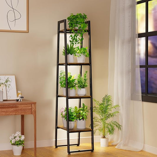 Simple Trending 4-Tier Indoor Plant Stand with 3 Adjustable Grow Lights, Heavy Duty Metal & Wood Ladder Shelf for Multiple Pots - Timer Function, Rust-Proof, Ideal Gift for Plant Lovers, Black