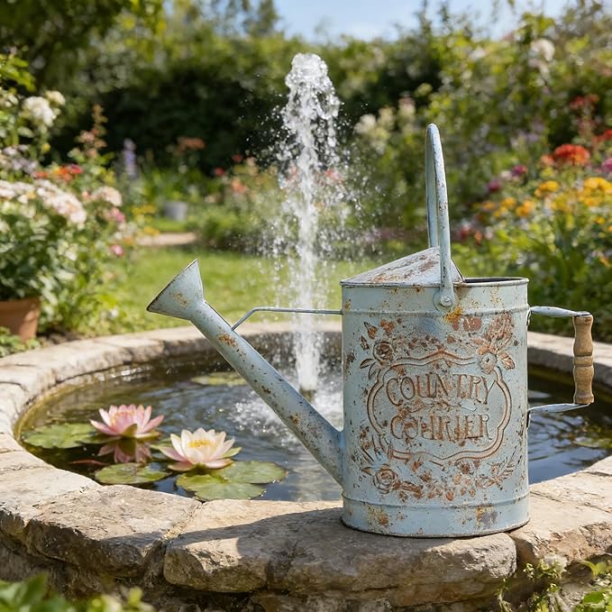 Vintage Metal Watering Can with Country Corner Floral Emboss & Wooden Handle Garden Distressed Blue Decorative Watering Pot Farmhouse Waterer for Home Garden Balcony Courtyard 2 Gallon