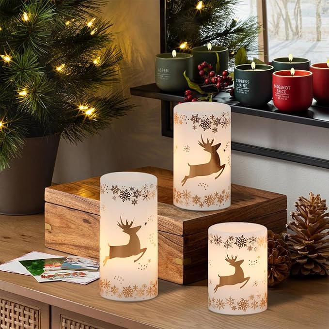 GenSwin Christmas Flameless LED Flickering Candles, Real Wax, Gold Deer, 3 Pack Pillar Fake Candles for Winter Indoor Fireplace Decor (D3' x H4'5'6')
