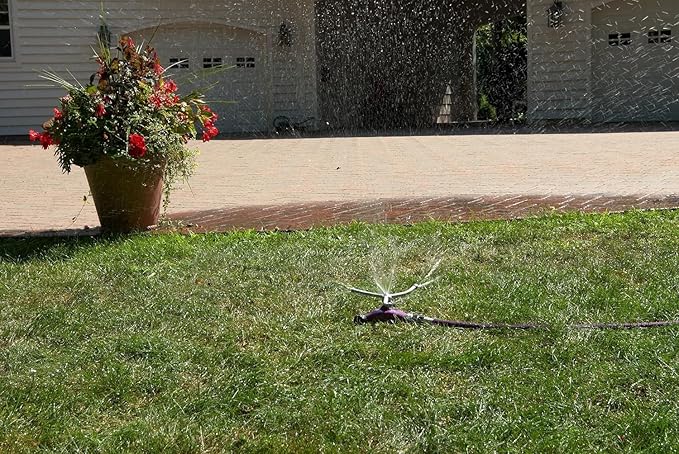 Dramm 15055 ColorStorm Premium 3-Arm Whirling Sprinkler with Heavy-Duty Metal Wheeled Base, Blue