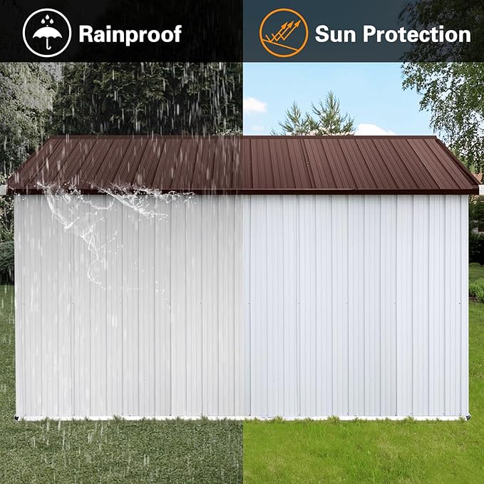 10x12 FT Storage Shed,Metal Aluminum Garden Shed,with Punched Vents,Waterproof Cabinet w/Hinged Door and Padlock,Tool House for Storing Bicycles,Lawnmowers,Barbeques,White+Coffee