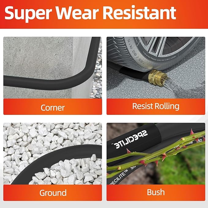 SPECILITE Garden Water Hose 50 ft x 3/4 in Heavy Duty, Flexible and Lightweight, Burst 600 psi, Kink-less Hybrid Rubber Pipe for Backyard, 3/4'' Brass Fittings, Black