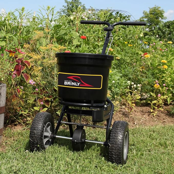 Brinly P20-500BHDF-A Push Spreader with Side Deflector Kit and Hopper Grate, 50 lb. Capacity - Matte Black