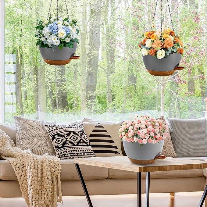 3 inch Hanging Planters for Indoor Plants, 3 Pack Self-Watering Hanging Planter Pots with Chain and Drainage Holes, Outdoor Plastic Hanging Baskets for Garden Home Decor (Grey With Brown, 3pcs/10inch)