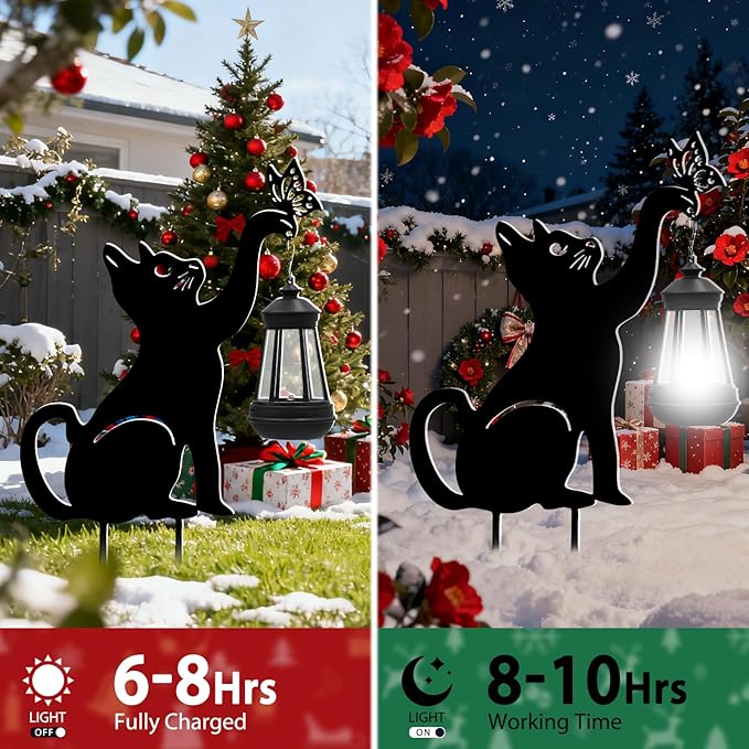 Black Cat Christmas Yard Decorations Outdoor - Solar Lights Outdoor Garden Decor Stake with Butterfly Decorative Metal Housewarming Ornament for Pathway Lawn Patio – Unique Gift for Woman Mom Grandma