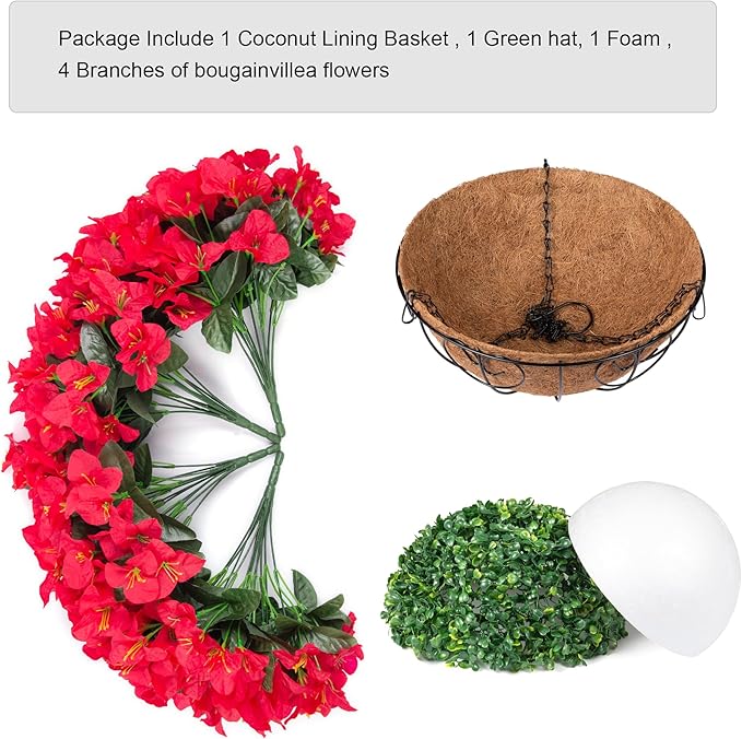 Artificial Fake Hanging Flowers for Outdoors Basket Spring Decor, Bougainvillea Faux Hanging Plants Outdoor Silk Flower in Planter Look Real UV Resistant for Outside Porch Patio Garden Yard Home, Red