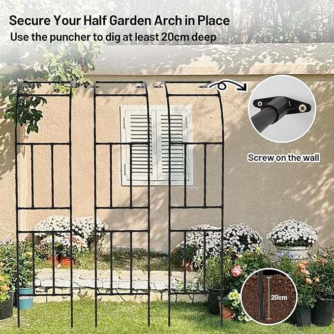 Twira Half Side Garden Arch Trellis, 7.9FT Metal Arbor Trellis for Climbing Plants Outdoor, Black Half Arch Wedding, Garden Archway Arbors and Trellises Decoration for Lawn, Patio, Backyard