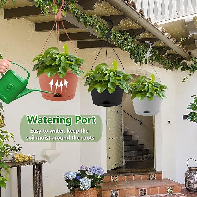 4 Pack Hanging Planters, 10 Inch Hanging Plant Pot with Hanger Chain & Drainage Trays, Hanging Baskets for Plants Outdoor Indoor, Flowers Pots for Home, Garden, Porch Decor (Grey)