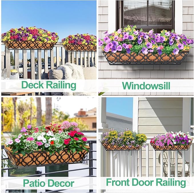 Y&M 24-Inch Window Planter Box 2Pcs Iron Deck Railing With Coco Liner, Metal Horse Troughs for Outdoor Balcony Rail Fence Porch Patio
