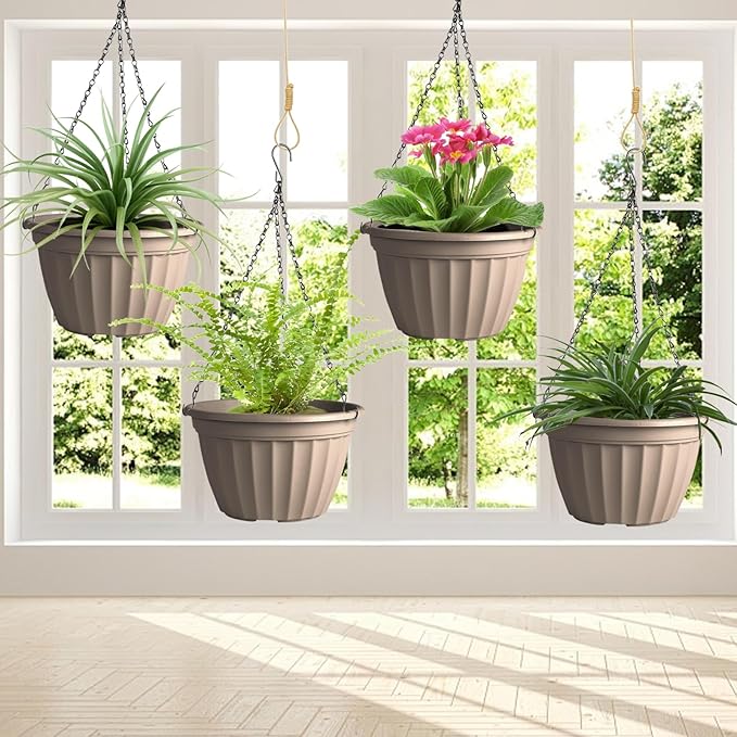 FGstyle Hanging Planters 9.8 Inch, 4 Pcs Self Watering Pots for Indoor Plants,Plastic Hanging Basket with Soil Elevator and 20" Chain for Home Garden Porch Balcony Patio Decor(Beige)