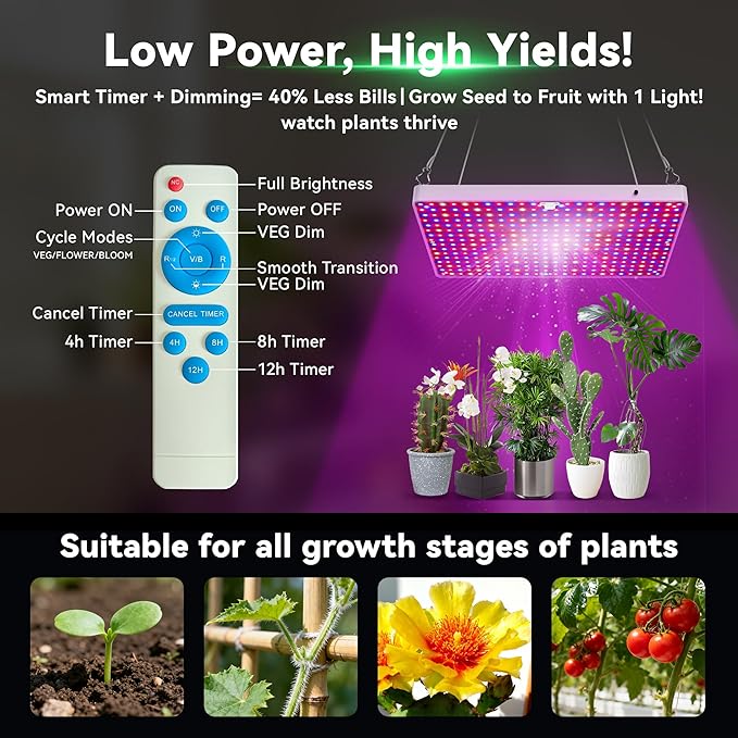 LED Grow Lights for Indoor Plants, Full Spectrum with UV&IR,Bloom Veg Modes Remote Control 63" Height Adjustable Tripod Stand Hanging Hook for Hydroponics Bonsai Seedlings dimmable Timer Function