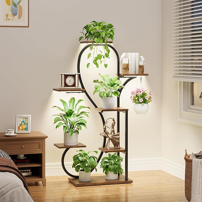POZILAN Plant Stand Indoor with Grow Lights - 47" Plant Shelf Indoor, 7 Tiered Plant Stands for Indoor Multiple Plants, Metal Corner Plant Holder, S-Shaped for Living Room, Patio, Home Décor, Black