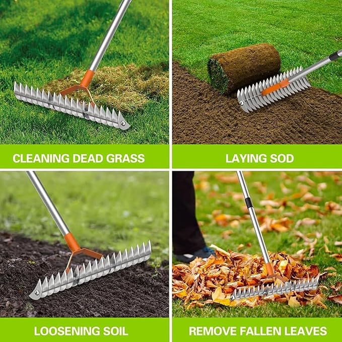 Thatch Rake, Lawn Dethatcher Rakes,Dead Grass Remover,Manual Dethatching Rake with Adjustable Length Handle, for Removing Dead Grass Debris Yard Garden, 66.9-Inch Length.