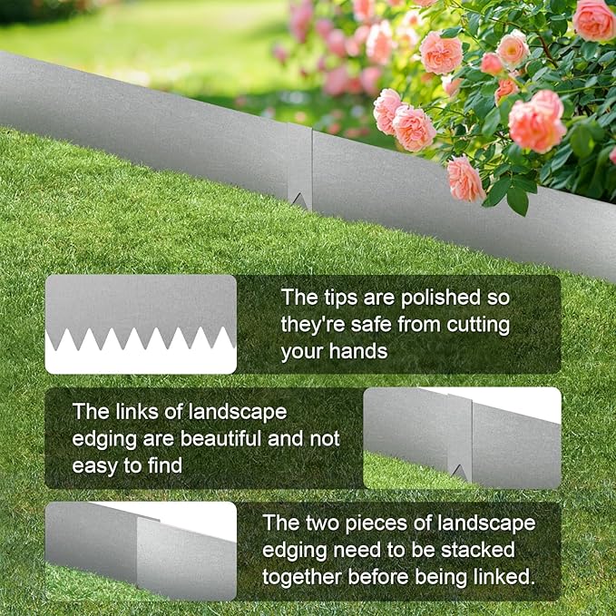 Landscape Edging Kit, 13 INCH 6 PCS Galvanized Steel Edging Landscape Lawn Edging Powder for Lawn Yard, Coated Bendable Metal Strips, No-Dig Hammer-in Edging Border w/ 7Clips