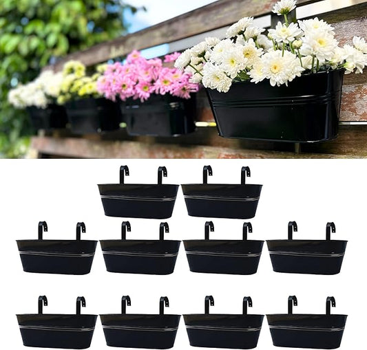LaLaGreen Outdoor Plants Rail Planter (16 Inch, 10 Pack) Black Metal Iron Hanging Flower Pots Deck Railings Fence Balcony Modern Boho Style Wall Mount Window Boxes Plant Holder Hooks Porch Home Decor