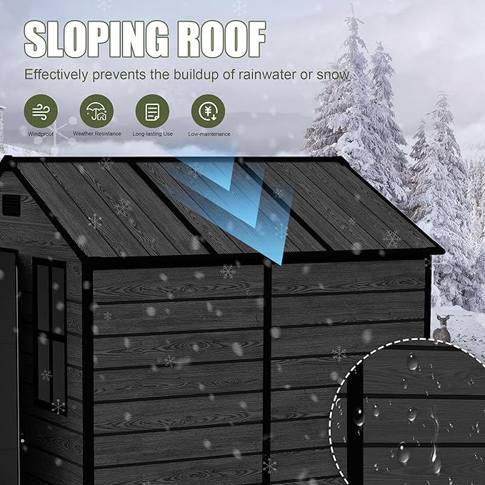 Outdoor Storage Resin Shed with Floor, Waterproof Plastic Garden Bike Shed with Lockable Door, Sloped Roof, Vents & Windows, Tool Shed for Patio, Backyard, Lawn (Wood Grain Black, 5.5X5.5FT)