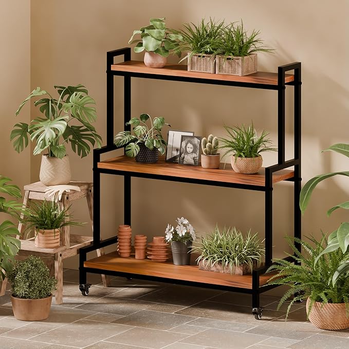 Plant Stand Indoor with Wheels 37” H, Rolling Plant Shelf Rack Outdoor,Metal Plant Stand with Solid Wood for Multiple Plants,Industrial Ladder Plant Flower Shelf for Garden,Living Room,Teak