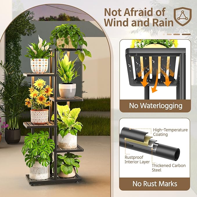 LASZOLA 5 Tier Plant Stand Indoors Outdoors with Light for Large Heavy Duty Planter, Black Metal Tall Flower Holder Rack for Modern House Corner, Vertical Iron Organizer with Multiple Rustic Shelf
