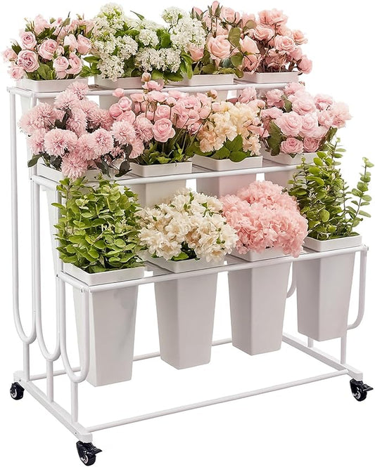 Dyale Flower Display Stand Frame, 3-Tier Flower Cart with Wheels, Metal Floral Display Rack , Moving Florist Bouquet Shelf for Shop ,Flower Bar, Events (White - 3 Tier)