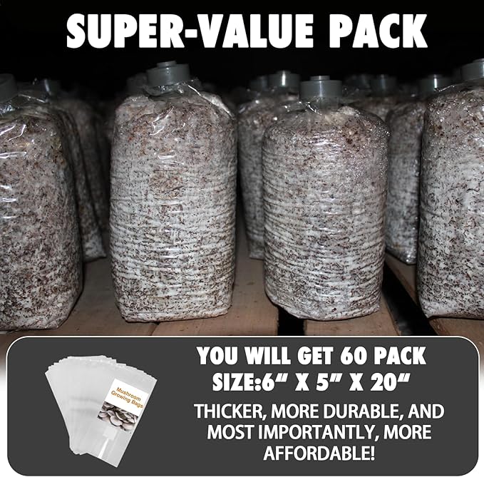 TonGass 60-Pack Autoclavable Mushroom Grow Bags Bulk with Microporous Filter Patchs - Large 6"x5"x20" Extra Thick 80 Micron (=3 Mil)| Mushroom Cultivation Spawn Supply Myco Bag Bulk Substrate Bags