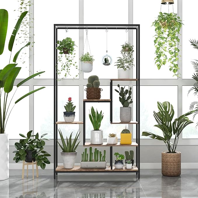Giantex 71" Tall Plant Stand Indoor, 6-Tier Metal Plant Shelf with 10 Hanging Hooks, Multiple Potted Flower Bonsai Pots Display Rack for Indoor, Balcony, Living Room (Rustic Brown)