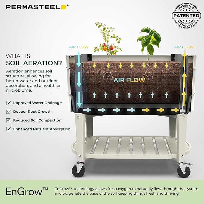 Permasteel Raised Garden Bed with Legs, Planter Box with EnGrow™ TrueSoil™ Technology for Vegetables, Flowers, Herbs, and Fruit, Outdoor Indoor, Storage Shelf, Caster Wheels, Ivory