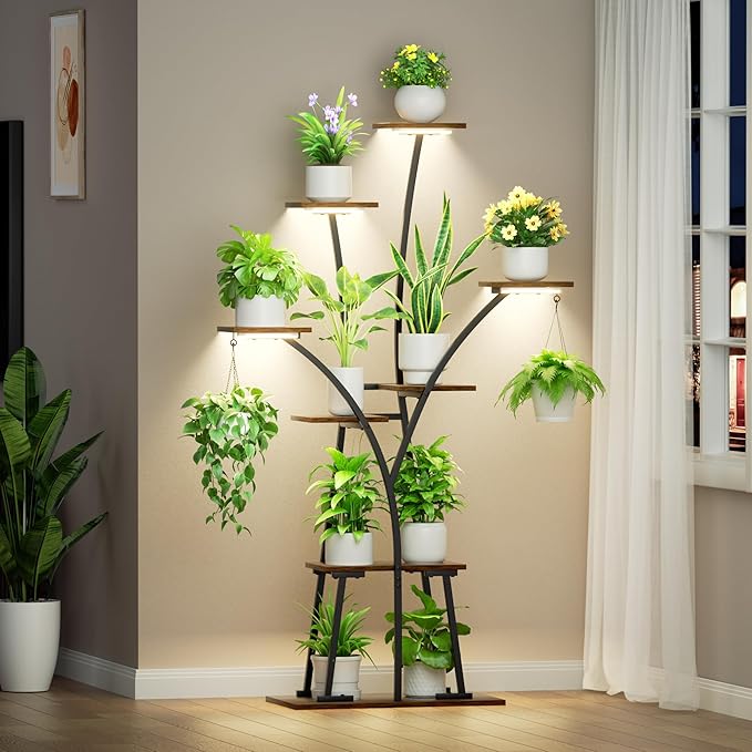 Plant Stand Indoor with Grow Lights, 8-Tiered Large Plant Shelf for Indoor Plants, 63" Tall Plant Tree-Shape Display Rack for Patio, Balcony, Home Decor