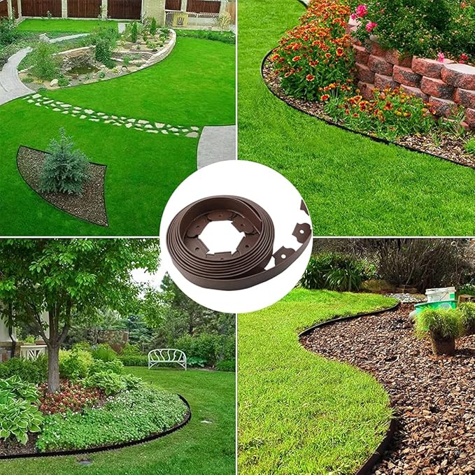 Flexible Garden Edging Borders 66FT,Landscape Edging Brown [Extra Tall 4IN High] with 60pcs Stakes,Garden Border Lawn Edging Mini Plastic Fence-Brown