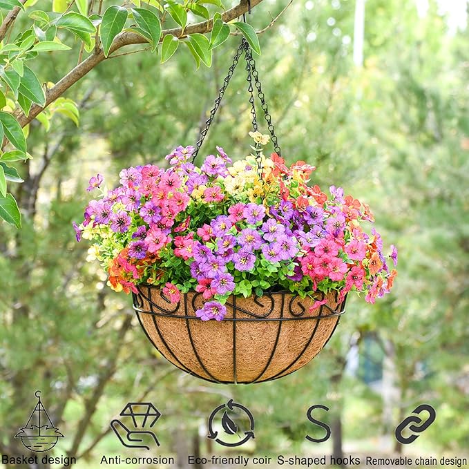 Hanging Planters for Outdoor Plants 4 Pack 12 inch Metal Hanging Flower Basket with Coco Coir Liner Wire Plant Holder Watering Flower Baskets Pot Hanger Garden Decoration for Indoor Outdoor(HBL)