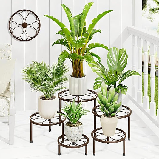 5-Pack Metal Plant Stands Indoor Outdoor,Heavy Duty Flower Pot Stands for Multiple Plant,Anti-Rust Iron Plant Pot Shelf,Flower Racks,Balck Potted Holder for Planter(BrownFlower)