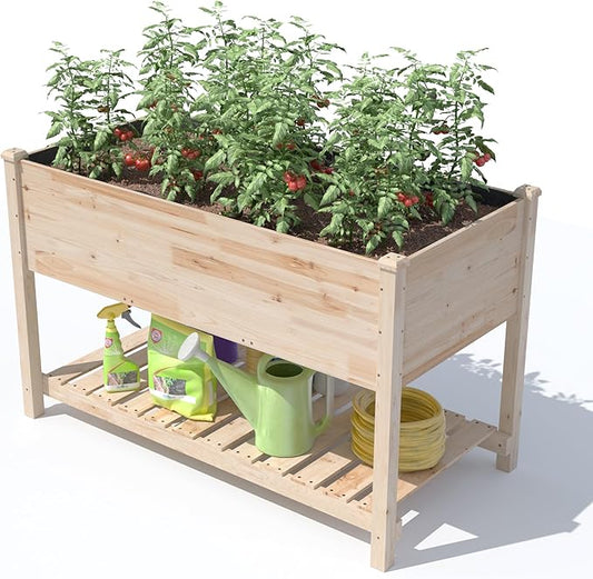 Gotland Raised Garden Bed with Legs, Raised Beds for Gardening with Storage Shelf Bed Liner Drainage Holes, Wooden Planter Raised Beds, Raised Planter Box for Backyard, Patio, Balcony, Natural