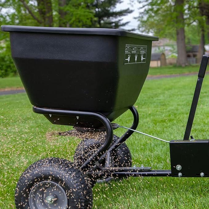 Brinly BS36BH-A Tow Behind Broadcast Spreader with Universal Hitch, 175 lb.+ - Matte Black