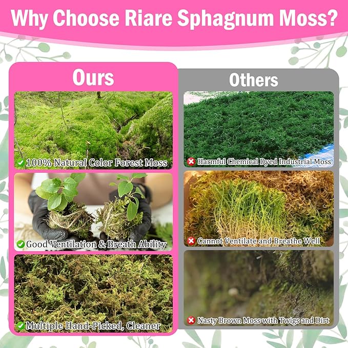 Riare 4.4LBS Premium Sphagnum Moss for Plants- 80QT Natural Dried Plant Moss for Potted Plants, Orchid Moss for Repotting, Soft Green Decorative Moss for Succulents, Reptiles & DIY Crafts