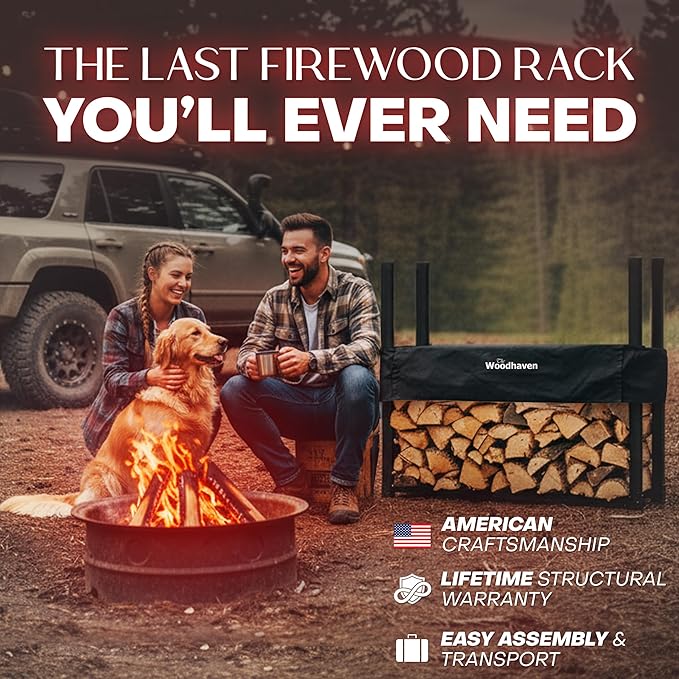Woodhaven Black 4 Foot - Heavy Duty Made In USA - Indoor Outdoor - 1/4 Cord Firewood Storage Log Rack With Seasoning Cover Combo Set - Metal Log Storage - 48” x 48”