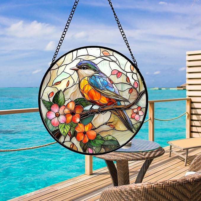 Stained Glass Window Hanging, Blue Bird Pink Flower Suncatcher Diamond Glass Panel Bird Sun Catchers Decor for Birthday for Women, Men, Wife, Aunt, and Mom 14.9x14.9 in