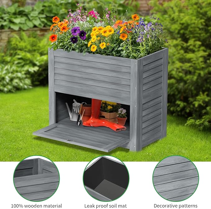 SUNYRISY Wooden Raised Garden Bed with Storage Box, 34" L x 18" W x 30" H Elevated Large Planter Box for Planting Herb Vegetable Flower Outdoor Indoor, Grey