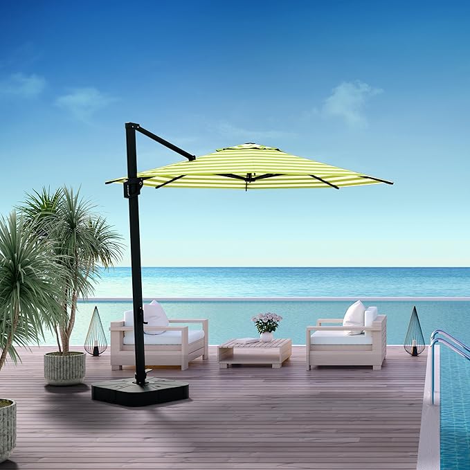 Midtown Umbrellas 10 Ft Outdoor Cantilever Patio Umbrella w/Terylast Pear Stripes Fabric - Tilt 360° Offset Patio Umbrella, Deck Patio Umbrella, Backyard Umbrella & Garden Umbrella - Black Frame