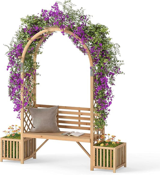 Happygrill Garden Arbor with Bench & 2 Planter, Wooden Garden Arch for Climbing Plants w/Love Seat, 2 Trellises & Planting Box to Grow Grapes & Vines, 2-Person Outdoor Wood Seating for Patio, Backyard