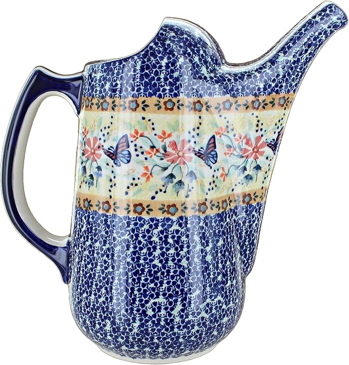 Blue Rose Polish Pottery - Yellow Blue Butterfly Watering Can - 9" Tall - Polish Pottery Watering Can, for The Garden, Patio or Indoor Décor