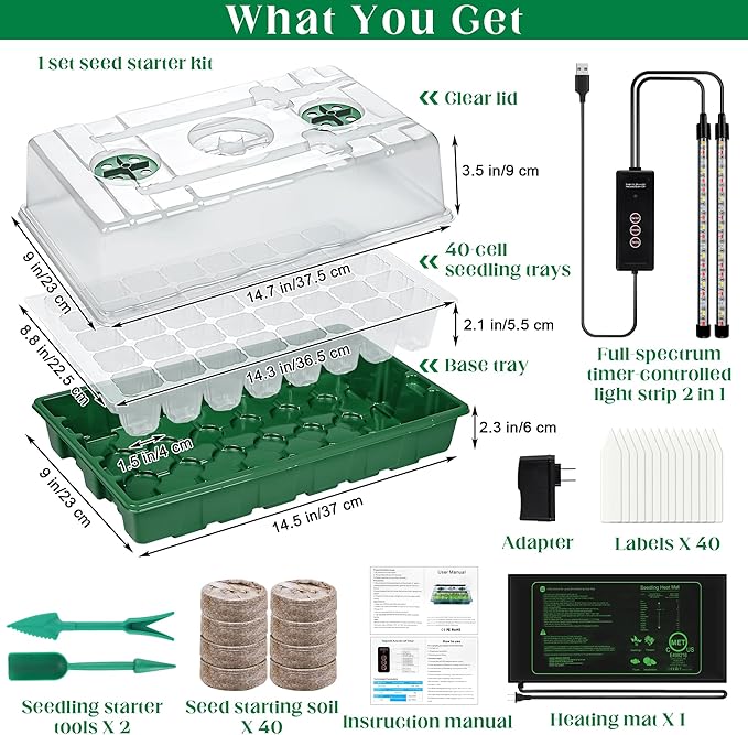 Seed Starter Kit 40-Cell Seed Starter Tray with Grow Lights Full Spectrum Seedling Heat Mat 40 Peat Pellets Seed Starting Soil Plant Labels Garden Tools for Germination Seeds Growing, Green