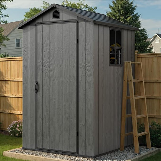 Greesum 4x4FT Plastic Storage Shed with Floor, Resin Outdoor Storaged Sheds with Lockable Door, All Weather Durable Tool Shed with Window and Vent, for Garden, Backyard, Patio, Dark Gray