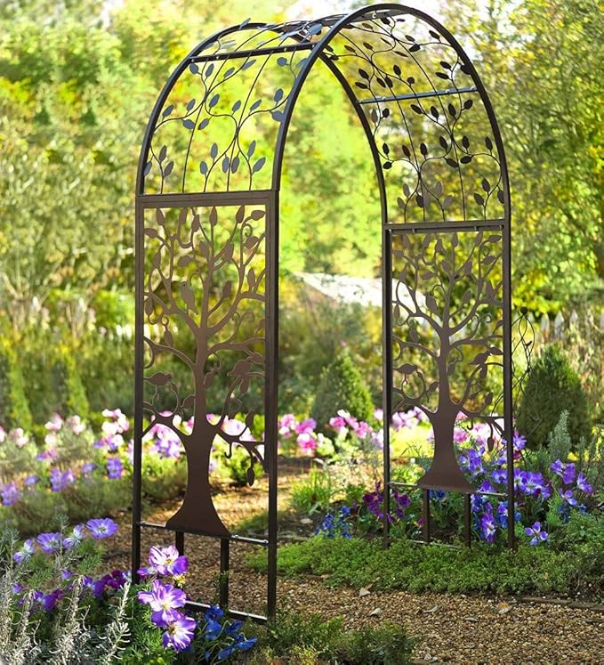 Plow & Hearth Arch Metal Outdoor Garden Arbor | Tree of Life | 83 Inches Tall | Black | Trellis Lattice for Plants | Wedding | Outdoor Patio Décor