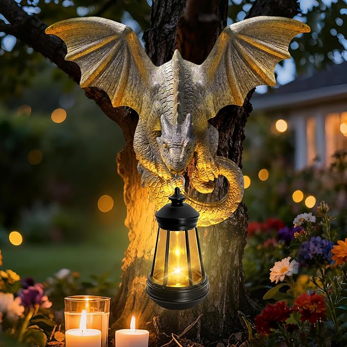Dragon Tree Hugger Garden Statue - 9.8 Inch Resin Dragon Wall Hanger Sculptures Decor with Solar Lantern Lights, Outdoor Waterproof for Balcony Wall Porch Yard, Gifts for Mom Women Grandma Christmas