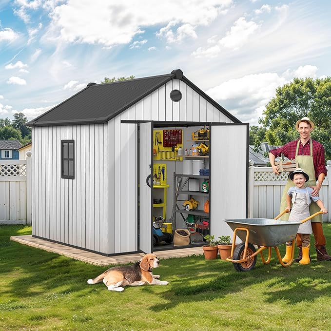 DWVO 8x8 FT Outdoor Storage Shed, 359 cuft Plastic Storage Shed with Lockable Door & Floor, All-Weather Tool Garden Shed with Window & Vent for Patio Furniture Bike Lawn Mower Pool Supplies, Gray