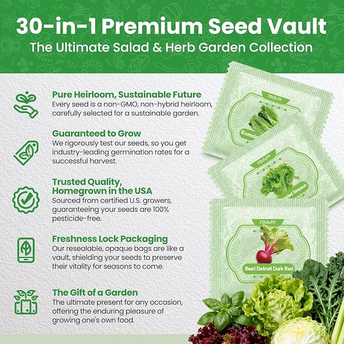 30 Heirloom Seeds Variety Pack - 18,500+ Non-GMO Seeds for Planting Vegetables, Home Garden Seeds for Hydroponic, Indoor and Outdoor, Christmas Unique Gift for Mother, Women, Mom, Friend, Her