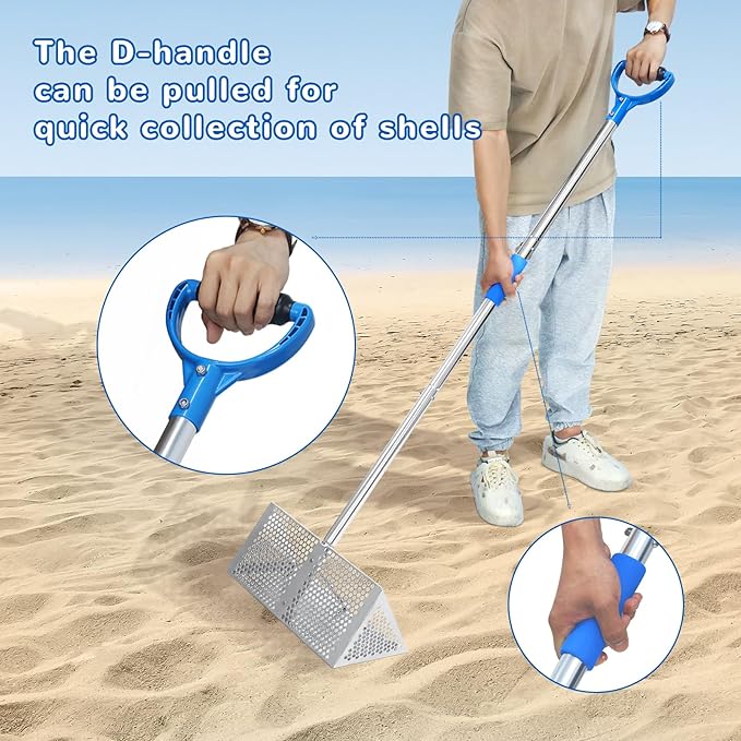 Beach Sand Sifter, 304 Stainless Steel, Detachable 60 Inches Long Handle, 16'' Basket with Sharp Teeth. Includes D-Handle Grip, Small Shovels, Sifter and Bucket