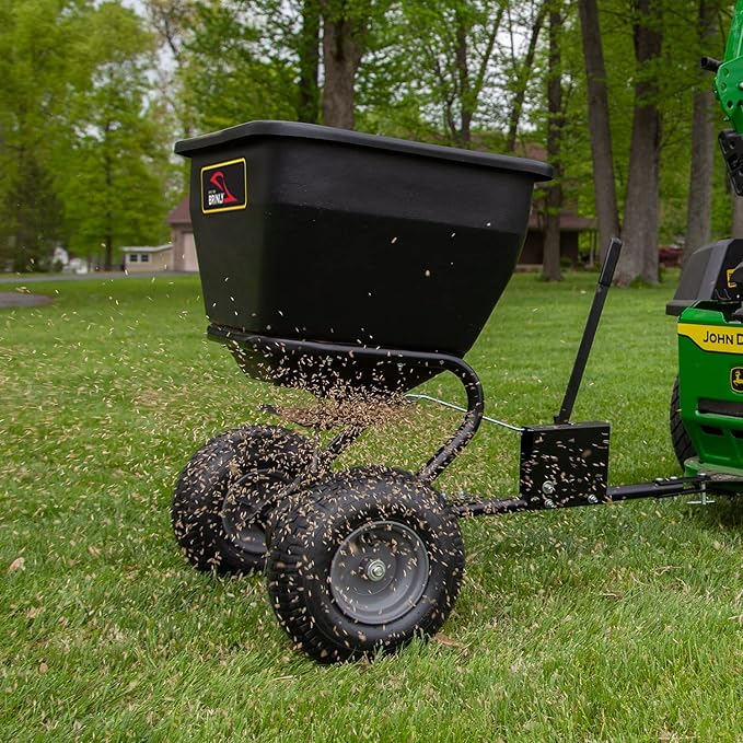 Brinly BS36BH-A Tow Behind Broadcast Spreader with Universal Hitch, 175 lb.+ - Matte Black