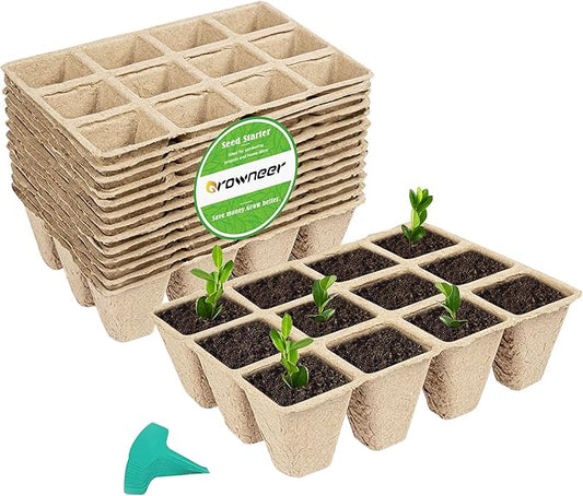 GROWNEER 144 Cells Peat Pots Seed Starter Trays, 12 Packs Biodegradable Seedling Pots Germination Trays, Organic Plant Starter Kit with 15 Pcs Plant Labels