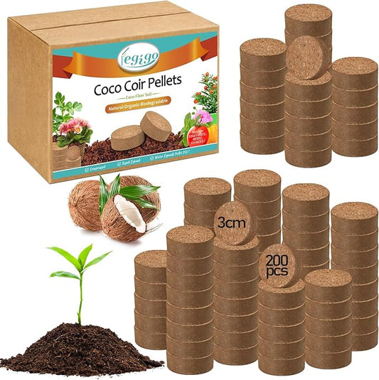 Legigo 200 Pcs 30mm Coco Coir Pellets Seed Starter Soil Mix- Organic Coconut Coir Potting Soil Pods for Seedling, Coco Peat Soil Discs for Indoor & Outdoor Plants Bonsai Herbs Vegetables and Flowers